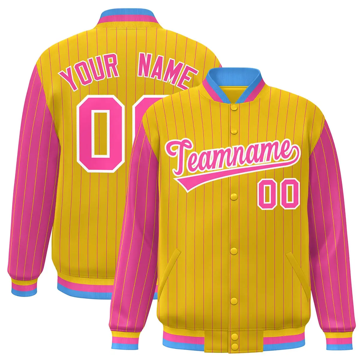 Gold Pink Pinstripe Raglan Varsity Letterman Baseball Jacket