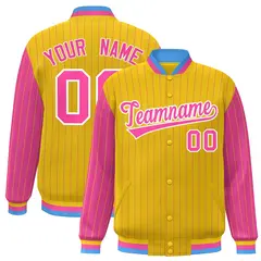 Gold Pink Pinstripe Raglan Varsity Letterman Baseball Jacket 1