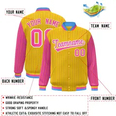 Gold Pink Pinstripe Raglan Varsity Letterman Baseball Jacket 2
