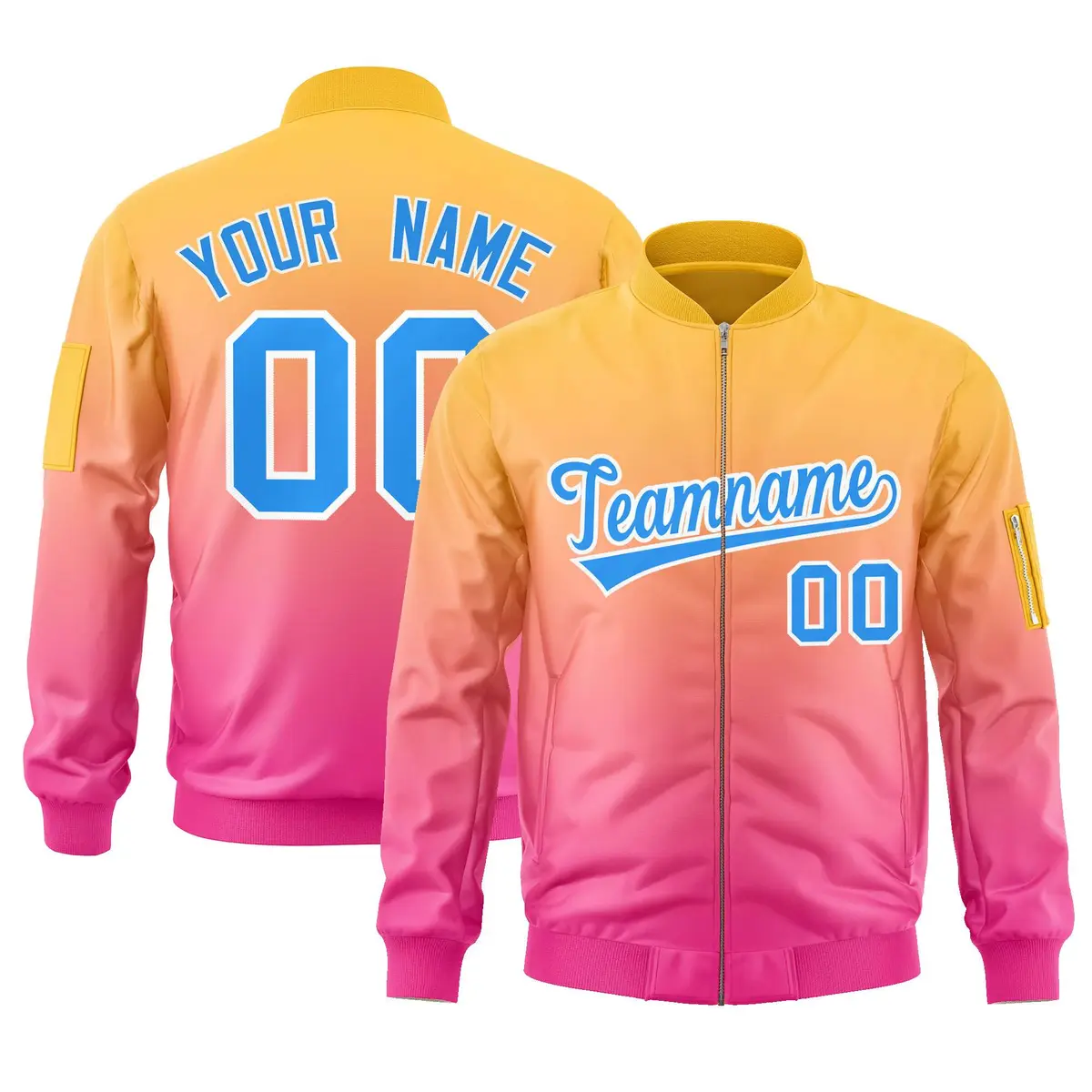 Gold Pink-Powder Blue Gradient Varsity Letterman Bomber Jacket