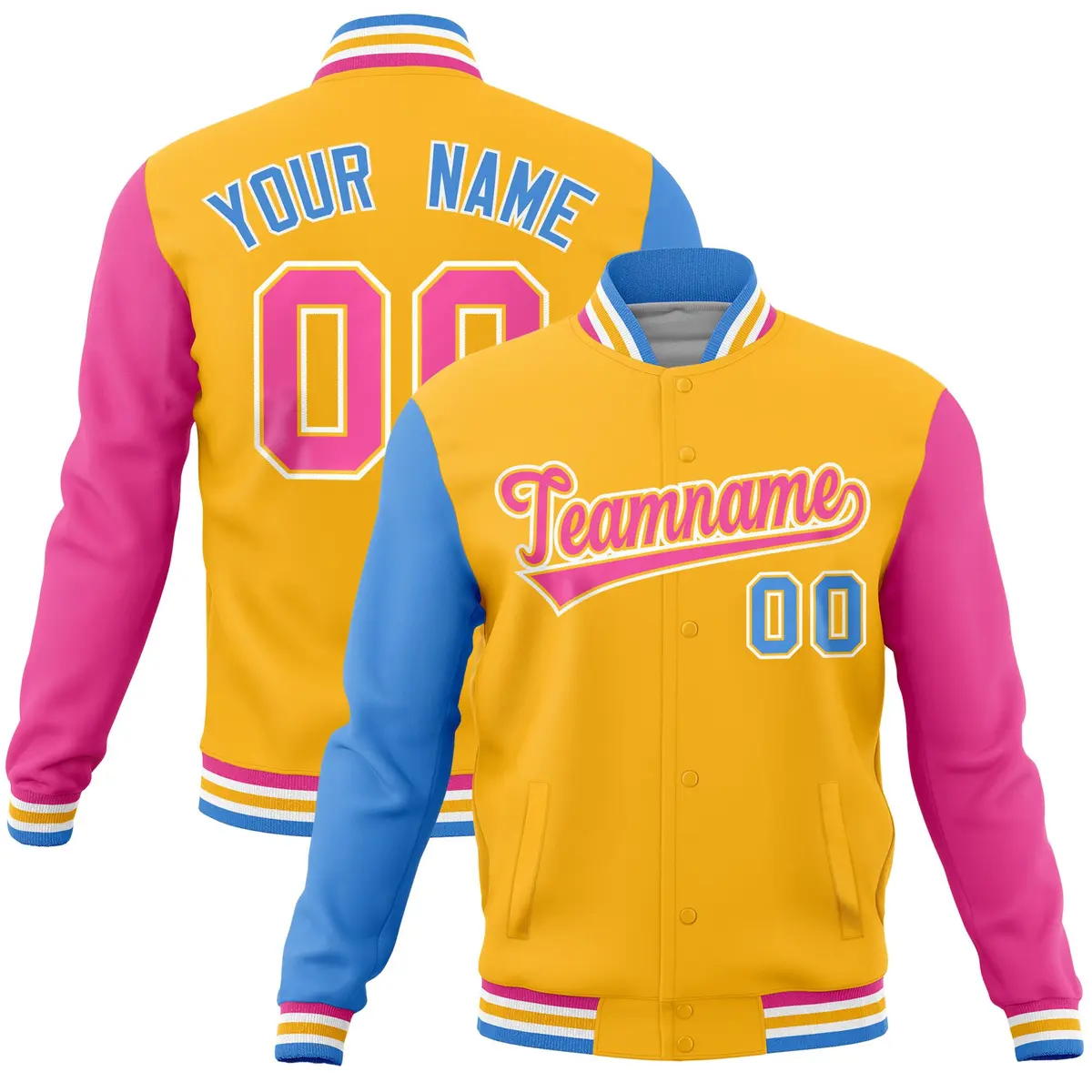 Gold Pink-Powder Blue Raglan Full-Snap Varsity Letterman Jacket