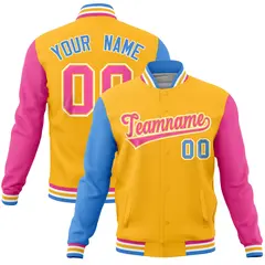 Gold Pink-Powder Blue Raglan Full-Snap Varsity Letterman Jacket