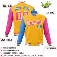 Gold Pink-Powder Blue Raglan Full-Snap Varsity Letterman Jacket 4