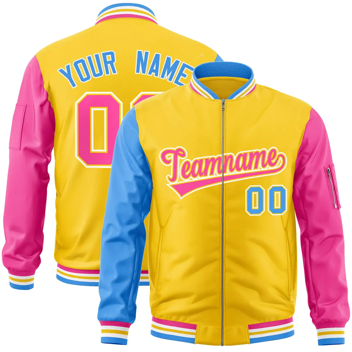 Gold Pink-Powder Blue Varsity Full-Zip Raglan Letterman Bomber Jacket