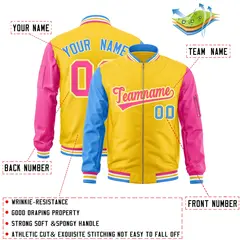 Gold Pink-Powder Blue Varsity Full-Zip Raglan Letterman Bomber Jacket 2