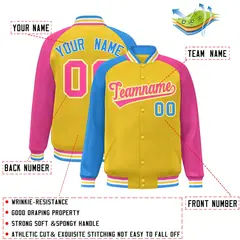 Gold Pink-Powder Blue Varsity Raglan Letterman Bomber Jacket 2