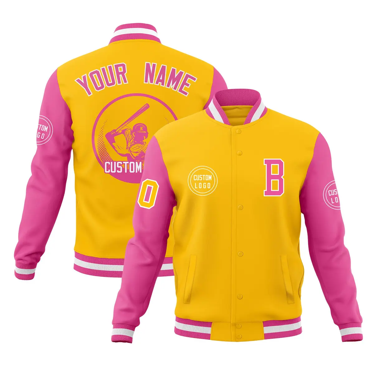 Gold Pink Raglan Sleeves Full-Snap Varsity Letterman Jacket