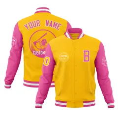 Gold Pink Raglan Sleeves Full-Snap Varsity Letterman Jacket