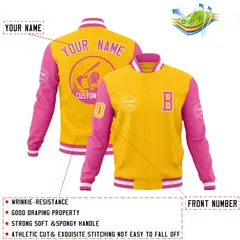 Gold Pink Raglan Sleeves Full-Snap Varsity Letterman Jacket 4