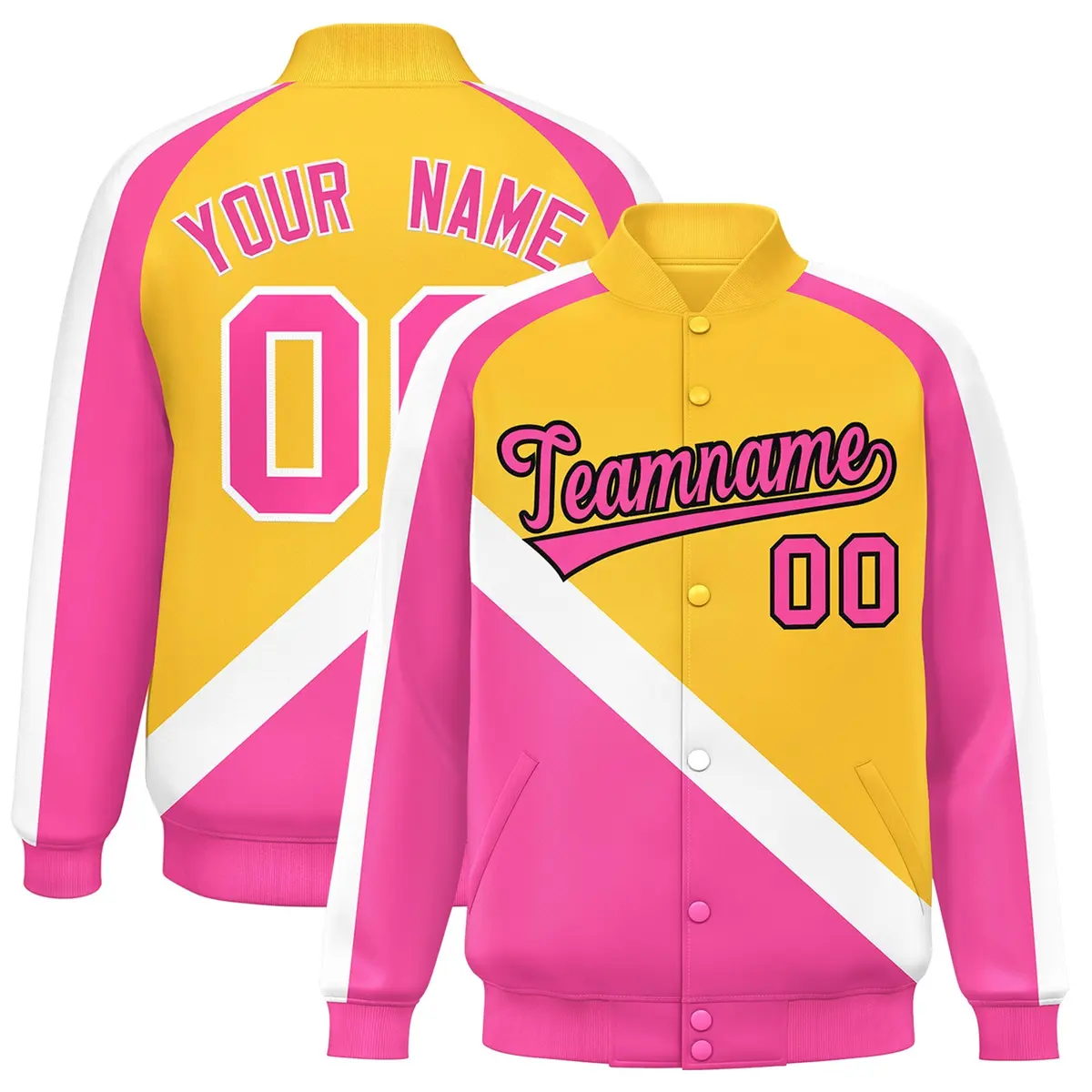 Gold Pink Raglan Sleeves Varsity Full-Snap Letterman Jacket