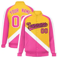 Gold Pink Raglan Sleeves Varsity Full-Snap Letterman Jacket