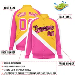 Gold Pink Raglan Sleeves Varsity Full-Snap Letterman Jacket 2
