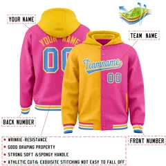 Gold Pink Two Tone Split Full-Snap Varsity Letterman Hoodie Jacket 4
