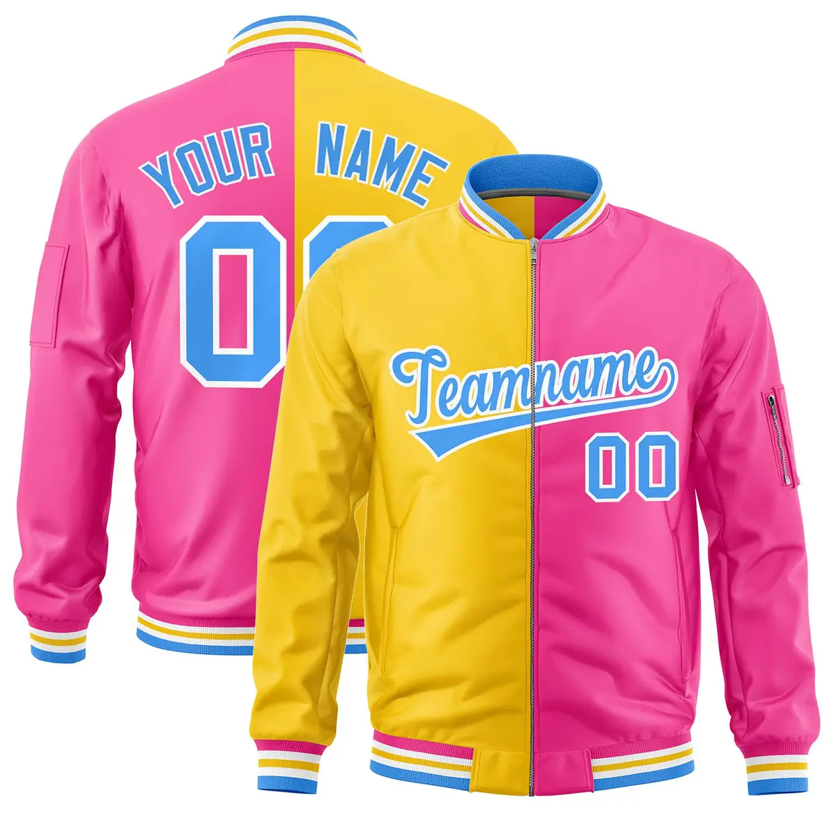 Gold Pink Two Tone Split Varsity Letterman Bomber Jacket
