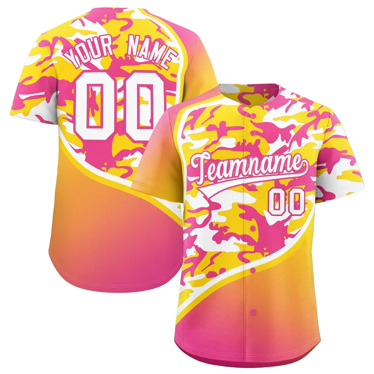 Gold Pink White Camo Gradient Fashion Baseball Jersey