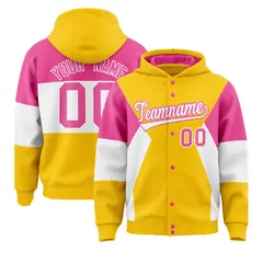 Gold Pink-White Color Block Full-Snap Varsity Letterman Jacket Hoodie