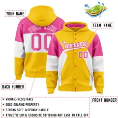 Gold Pink-White Color Block Full-Snap Varsity Letterman Jacket Hoodie 4