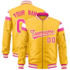 Gold Pink White Full-Zip Shoulder Block Varsity Letterman Bomber Jacket 1