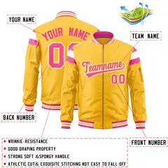 Gold Pink White Full-Zip Shoulder Block Varsity Letterman Bomber Jacket 2