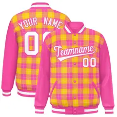 Gold Pink-White Plaid Varsity Letterman Baseball Jacket 1