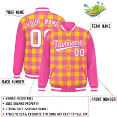 Gold Pink-White Plaid Varsity Letterman Baseball Jacket 2
