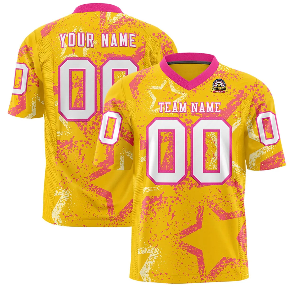 Gold Pink-White Star Graffiti Authentic Football Jersey