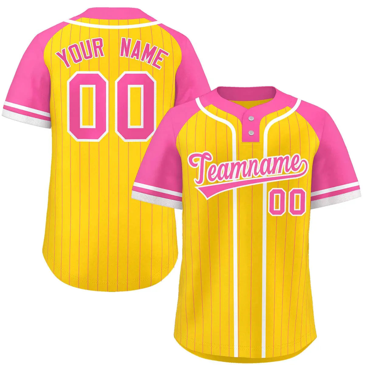 Gold Pink-White Stripe Raglan Two-Button Softball Jersey
