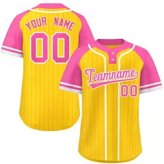 Gold Pink-White Stripe Raglan Two-Button Softball Jersey
