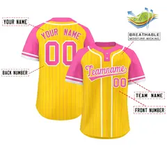 Gold Pink-White Stripe Raglan Two-Button Softball Jersey 2