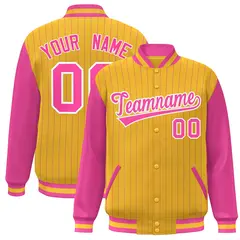 Gold Pink-White Stripe Varsity Bomber Jacket with Raglan Sleeves 1