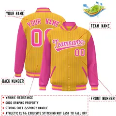 Gold Pink-White Stripe Varsity Bomber Jacket with Raglan Sleeves 2