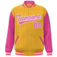 Gold Pink-White Stripe Varsity Bomber Jacket with Raglan Sleeves 3