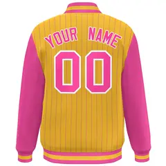 Gold Pink-White Stripe Varsity Bomber Jacket with Raglan Sleeves 4