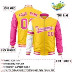 Gold Pink-White Stripe Varsity Letterman Bomber Jacket 2