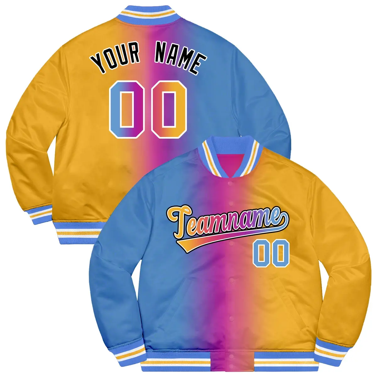 Gold Powder Blue-Black Two Tone Gradient Letterman Varsity Jacket