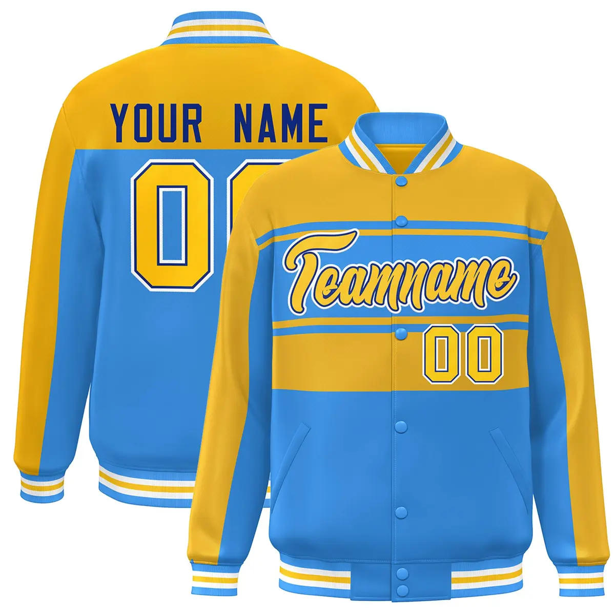 Gold Powder Blue Color Block Varsity Full-Snap Bomber Jacket