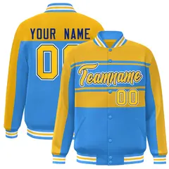 Gold Powder Blue Color Block Varsity Full-Snap Bomber Jacket