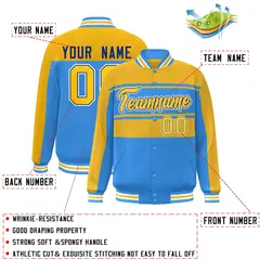Gold Powder Blue Color Block Varsity Full-Snap Bomber Jacket 2