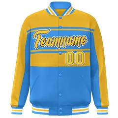 Gold Powder Blue Color Block Varsity Full-Snap Bomber Jacket 3
