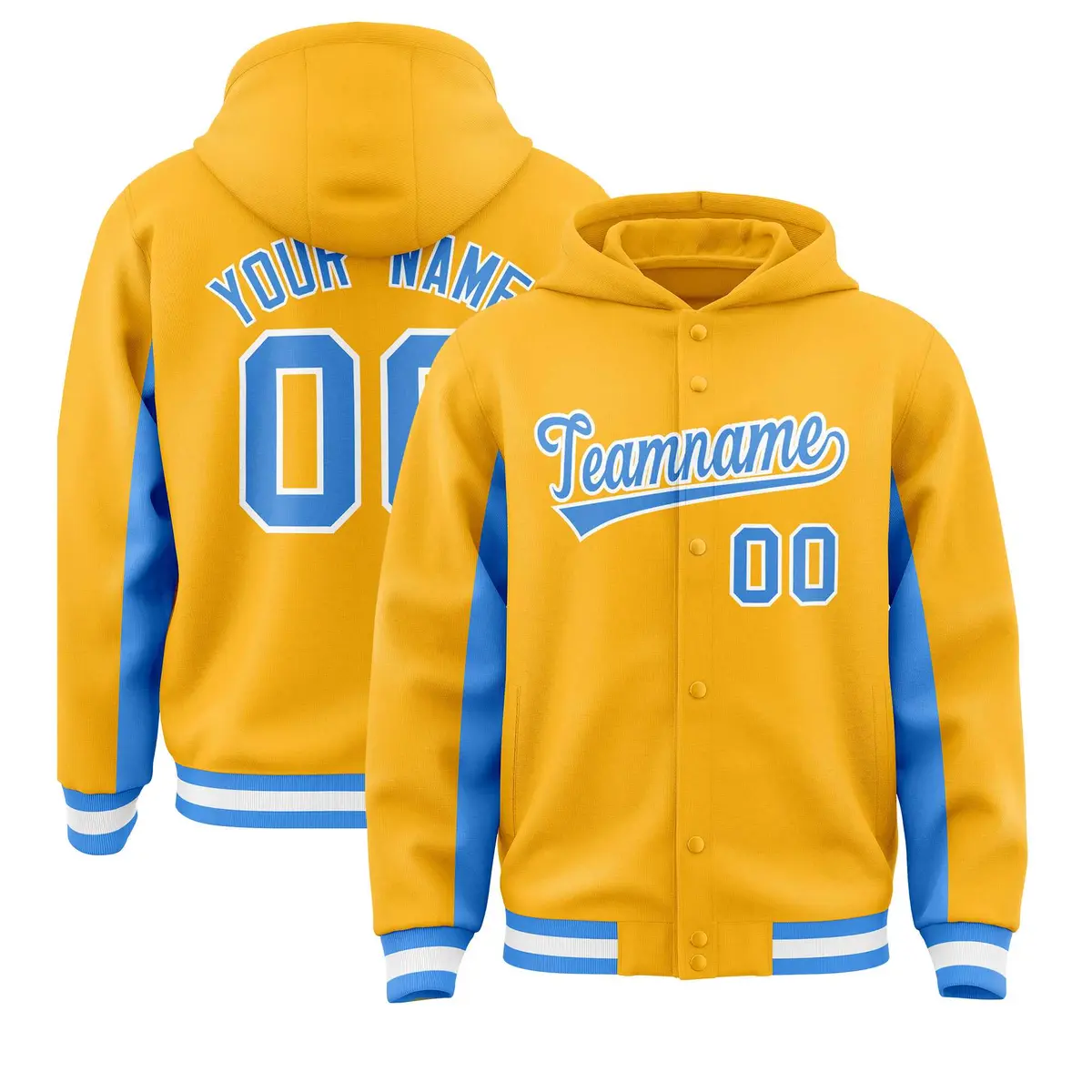 Gold Powder Blue Color Block Varsity Letterman Jacket Hoodie
