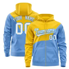 Gold Powder Blue Color Block Wave Varsity Full-Zip Letterman Jacket Hoodie 1