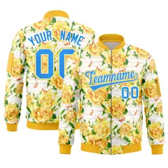 Gold Powder Blue Hawaii Full-Zip Letterman Varsity Bomber Jacket
