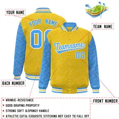 Gold Powder Blue L Pattern Varsity Raglan Full-Snap Letterman Baseball Jacket 2