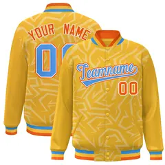 Gold Powder Blue-Orange Stripe Graffiti Pattern Varsity Full-Snap Jacket