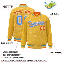 Gold Powder Blue-Orange Stripe Graffiti Pattern Varsity Full-Snap Jacket 2