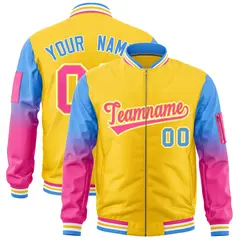 Gold Powder Blue-Pink Gradient Full-Zip Letterman Bomber Jacket