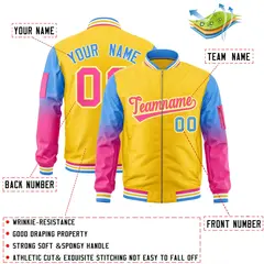 Gold Powder Blue-Pink Gradient Full-Zip Letterman Bomber Jacket 2