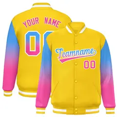 Gold Powder Blue-Pink Gradient Varsity Full-Snap Raglan Baseball Jacket 1