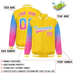 Gold Powder Blue-Pink Gradient Varsity Full-Snap Raglan Baseball Jacket 2