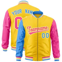 Gold Powder Blue Pink Varsity Letterman Bomber Jacket Full-Zip Raglan Sleeves 1